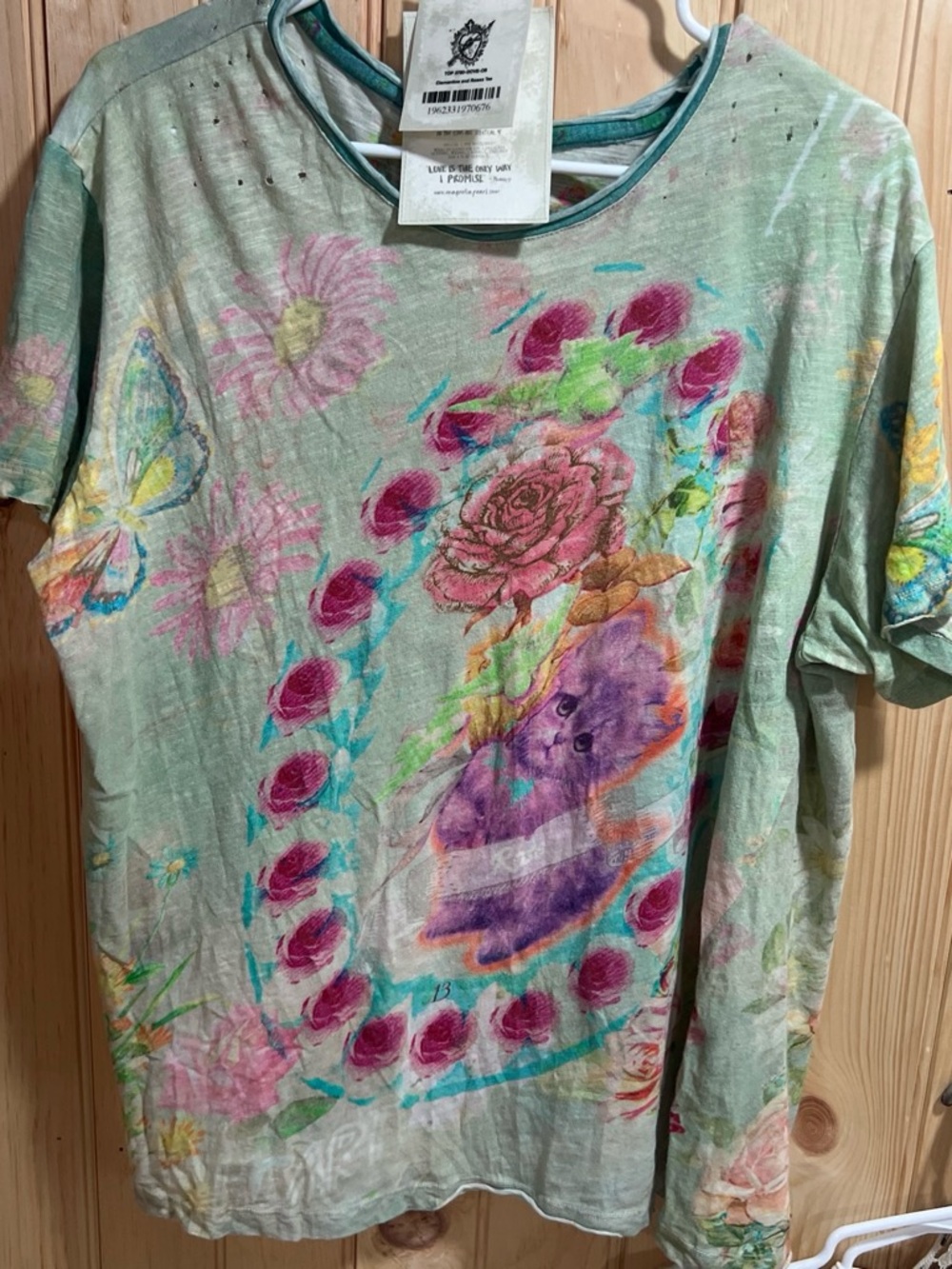 Magnolia Light Green Floral & Cat Graphic Short Sleeve Tee